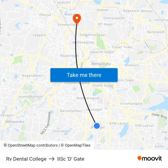 Rv Dental College to IISc 'D' Gate map
