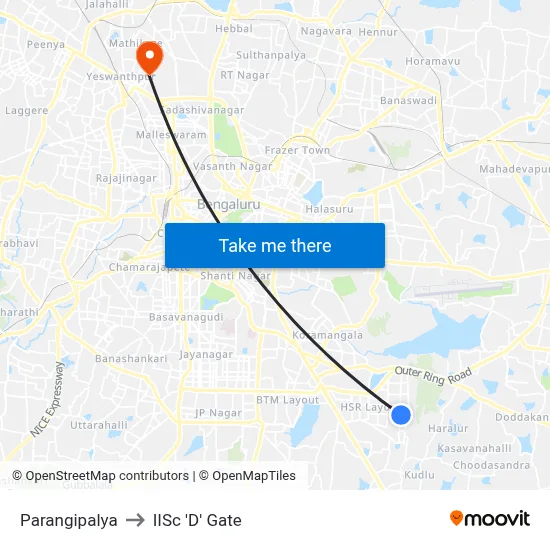 Parangipalya to IISc 'D' Gate map