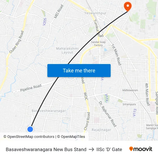 Basaveshwaranagara New Bus Stand to IISc 'D' Gate map