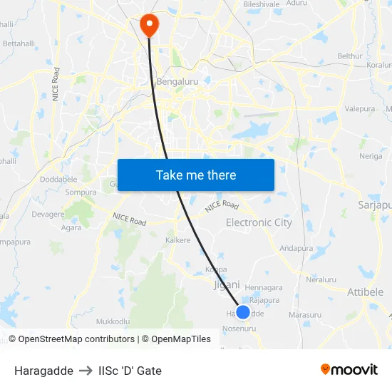 Haragadde to IISc 'D' Gate map