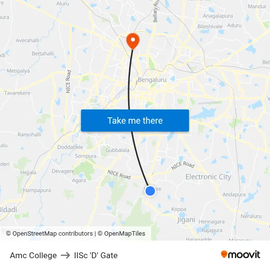 Amc College to IISc 'D' Gate map