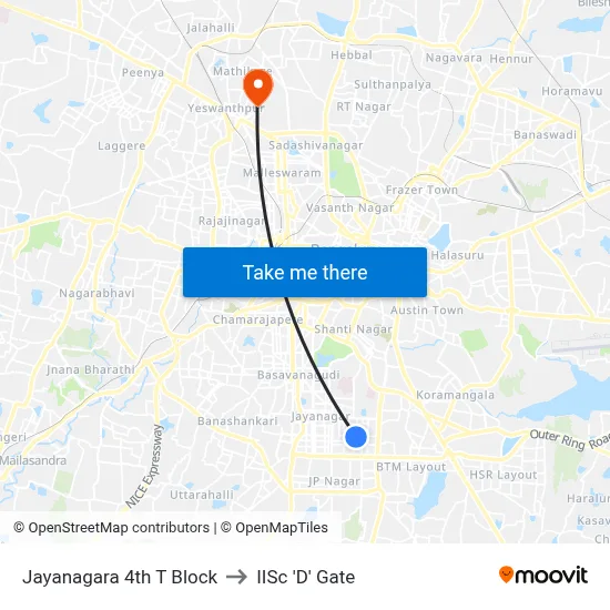 Jayanagara 4th T Block to IISc 'D' Gate map