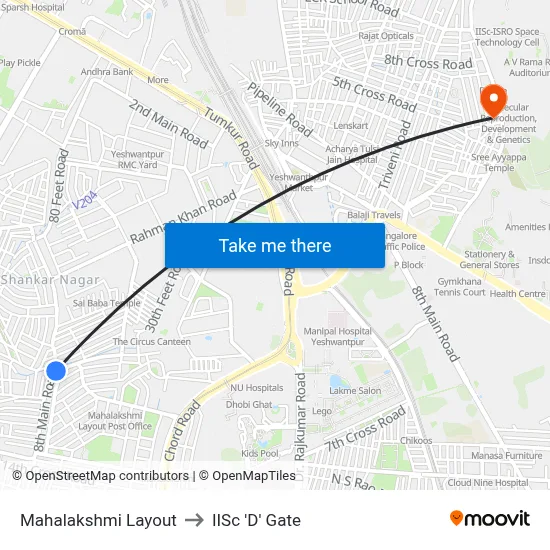 Mahalakshmi Layout to IISc 'D' Gate map