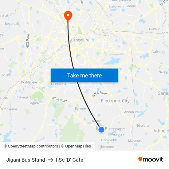 Jigani Bus Stand to IISc 'D' Gate map