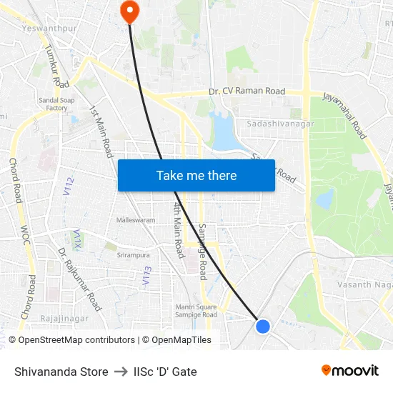 Shivananda Store to IISc 'D' Gate map