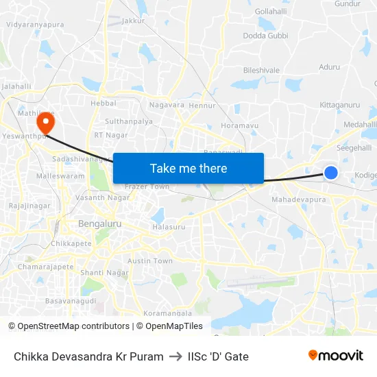 Chikka Devasandra Kr Puram to IISc 'D' Gate map