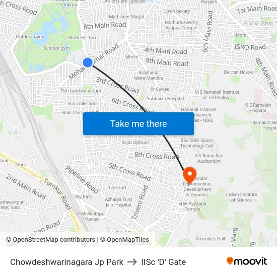 Chowdeshwarinagara Jp Park to IISc 'D' Gate map
