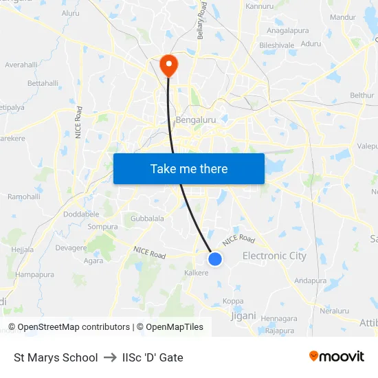 St Marys School to IISc 'D' Gate map