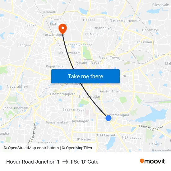 Hosur Road Junction 1 to IISc 'D' Gate map
