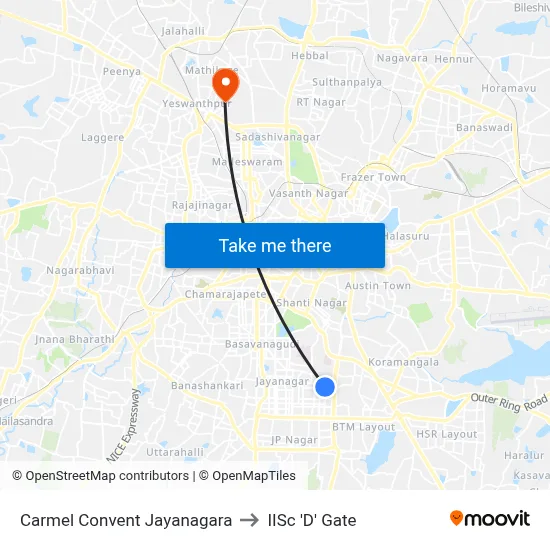 Carmel Convent Jayanagara to IISc 'D' Gate map