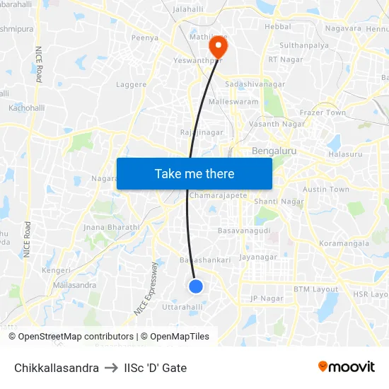Chikkallasandra to IISc 'D' Gate map