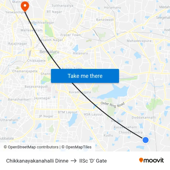 Chikkanayakanahalli Dinne to IISc 'D' Gate map