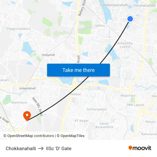 Chokkanahalli to IISc 'D' Gate map