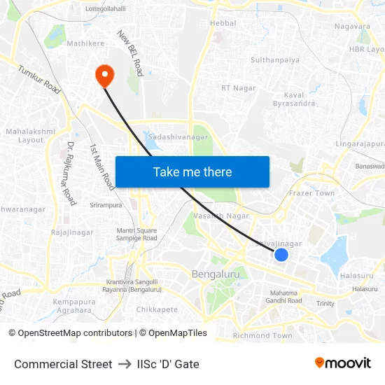 Commercial Street to IISc 'D' Gate map