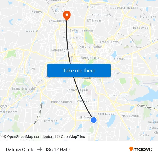 Dalmia Circle to IISc 'D' Gate map