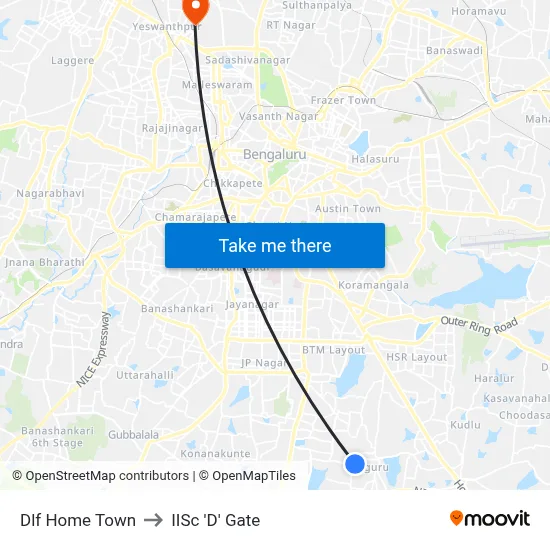 Dlf Home Town to IISc 'D' Gate map