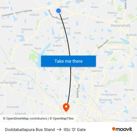 Doddaballapura Bus Stand to IISc 'D' Gate map