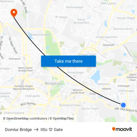 Domlur Bridge to IISc 'D' Gate map
