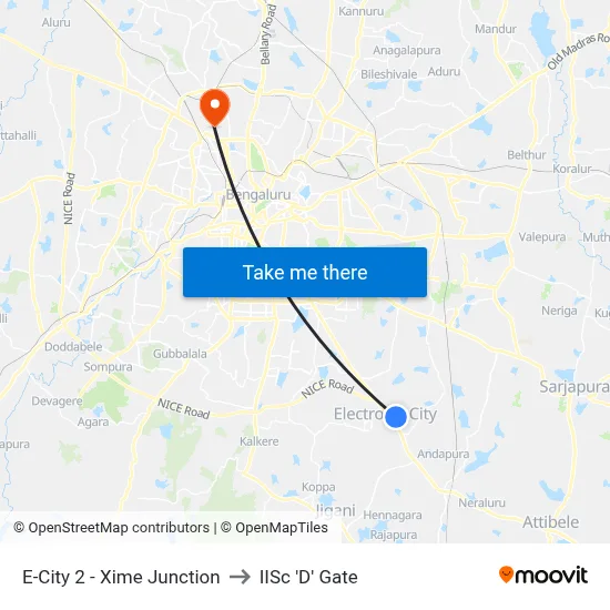 E-City 2 - Xime Junction to IISc 'D' Gate map
