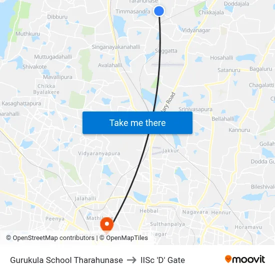 Gurukula School Tharahunase to IISc 'D' Gate map