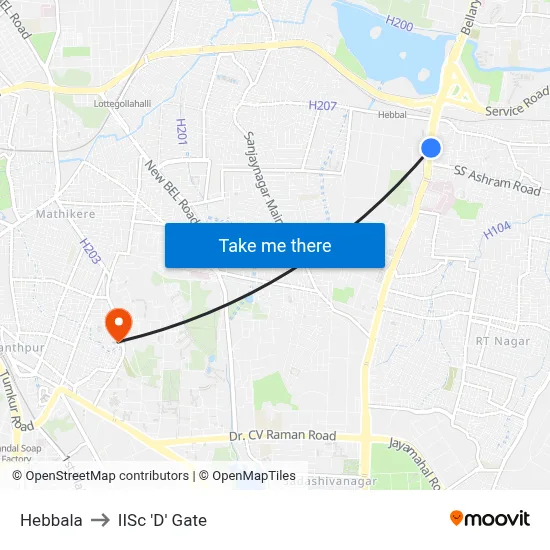 Hebbala to IISc 'D' Gate map