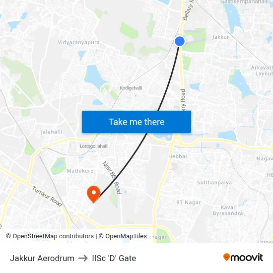 Jakkur Aerodrum to IISc 'D' Gate map