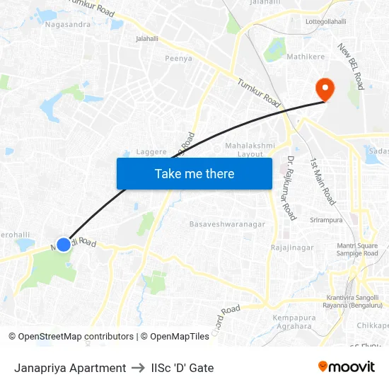 Janapriya Apartment to IISc 'D' Gate map