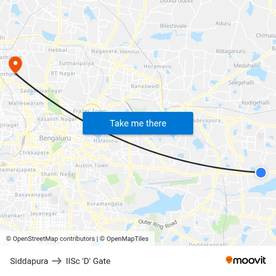 Siddapura to IISc 'D' Gate map