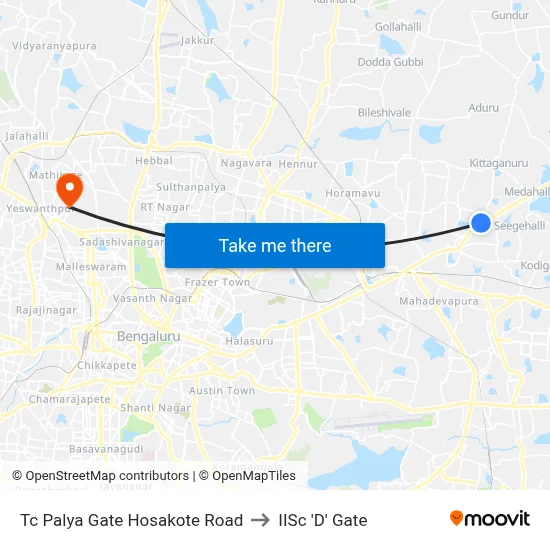 Tc Palya  Gate Hosakote Road to IISc 'D' Gate map