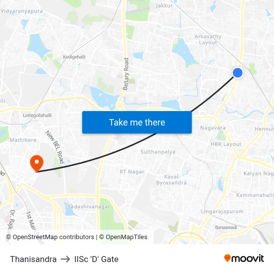 Thanisandra to IISc 'D' Gate map