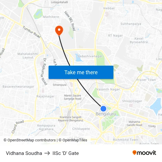 Vidhana Soudha to IISc 'D' Gate map
