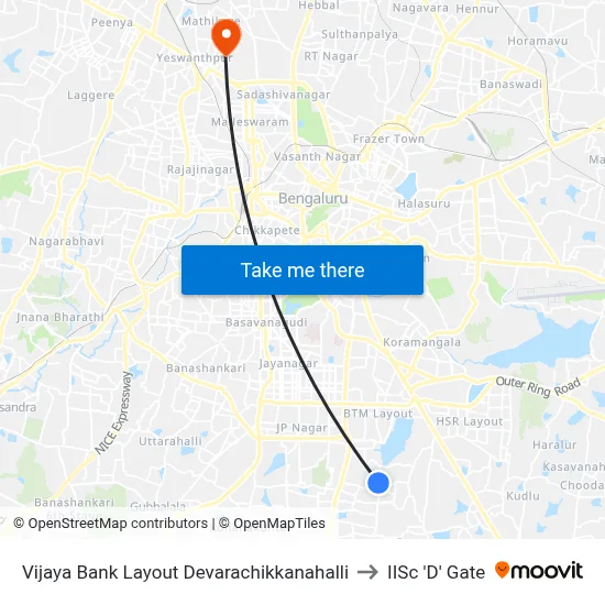 Vijaya Bank Layout Devarachikkanahalli to IISc 'D' Gate map