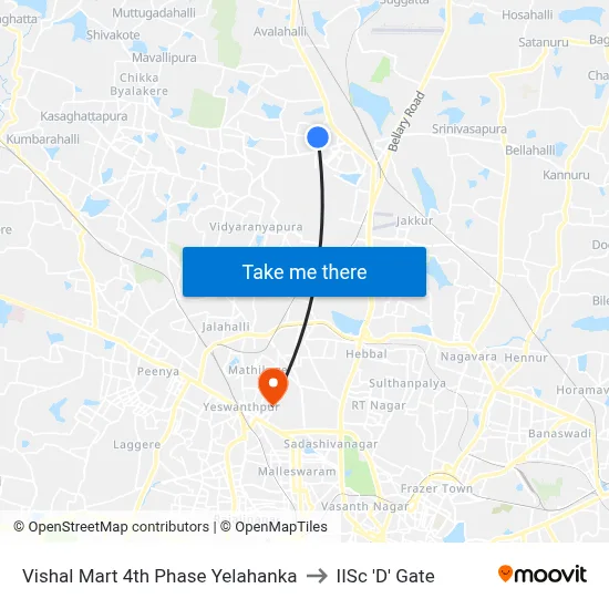 Vishal Mart 4th Phase Yelahanka to IISc 'D' Gate map