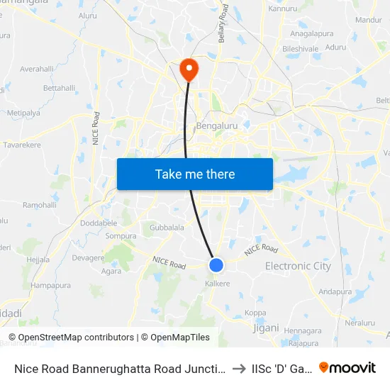 Nice Road Bannerughatta Road Junction to IISc 'D' Gate map