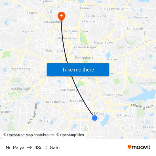 Ns Palya to IISc 'D' Gate map