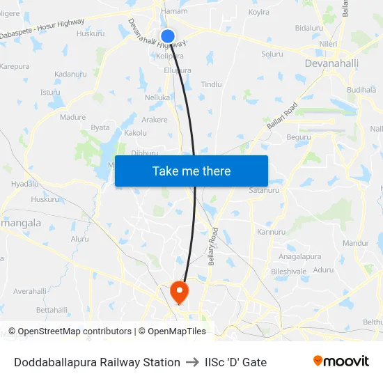 Doddaballapura Railway Station to IISc 'D' Gate map