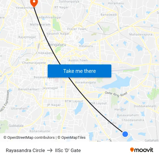 Rayasandra Circle to IISc 'D' Gate map