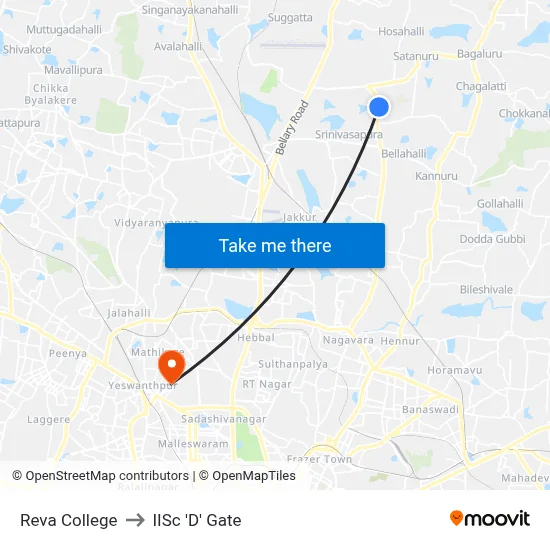 Reva College to IISc 'D' Gate map