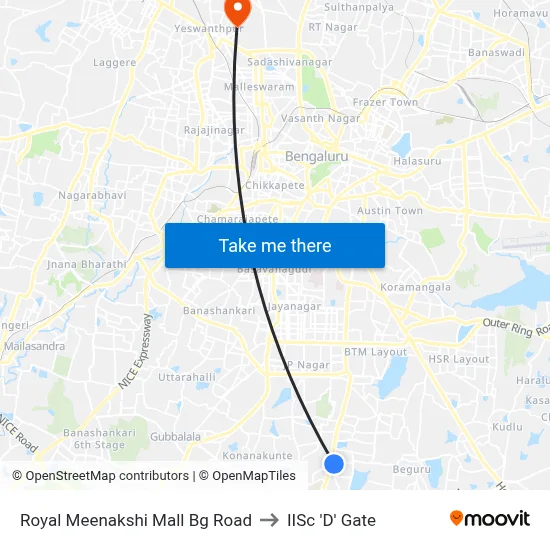 Royal Meenakshi Mall Bg Road to IISc 'D' Gate map