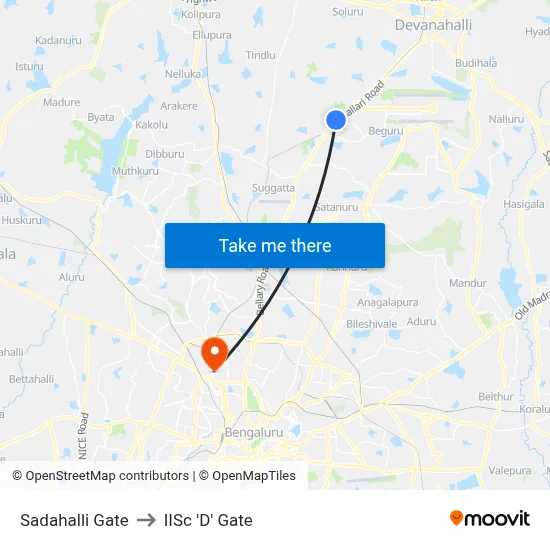 Sadahalli Gate to IISc 'D' Gate map