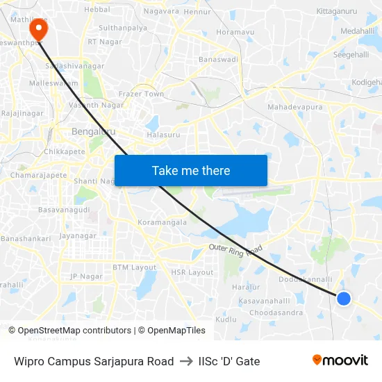 Wipro Campus Sarjapura Road to IISc 'D' Gate map
