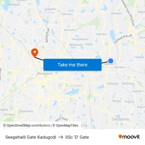 Seegehalli Gate Kadugodi to IISc 'D' Gate map