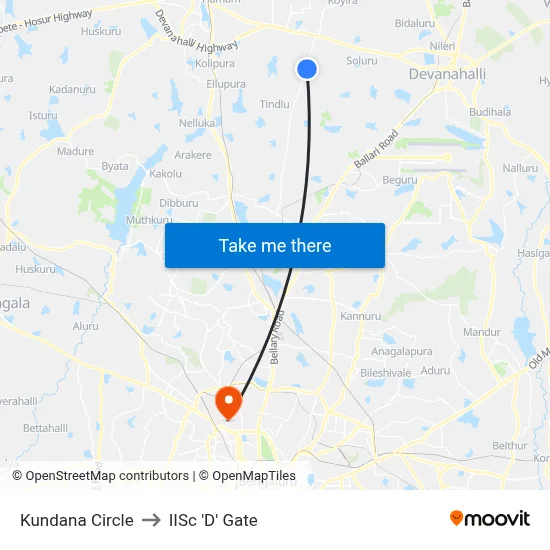 Kundana Circle to IISc 'D' Gate map