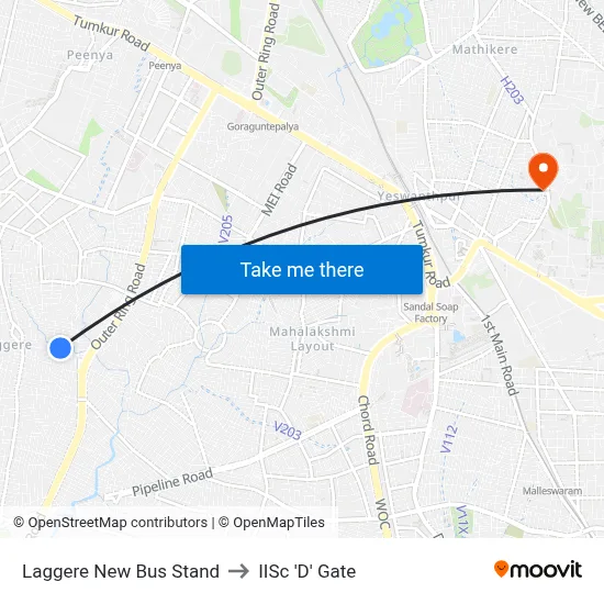 Laggere New Bus Stand to IISc 'D' Gate map
