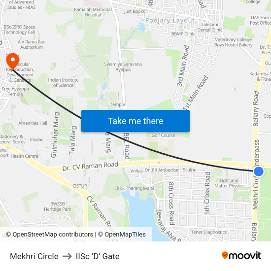 Mekhri Circle to IISc 'D' Gate map