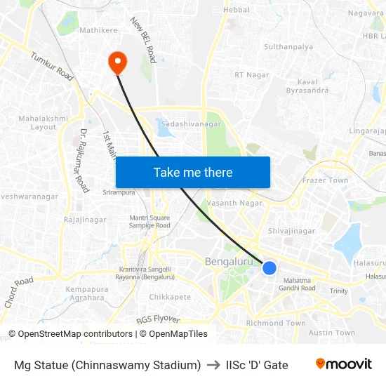 Mg Statue (Chinnaswamy Stadium) to IISc 'D' Gate map