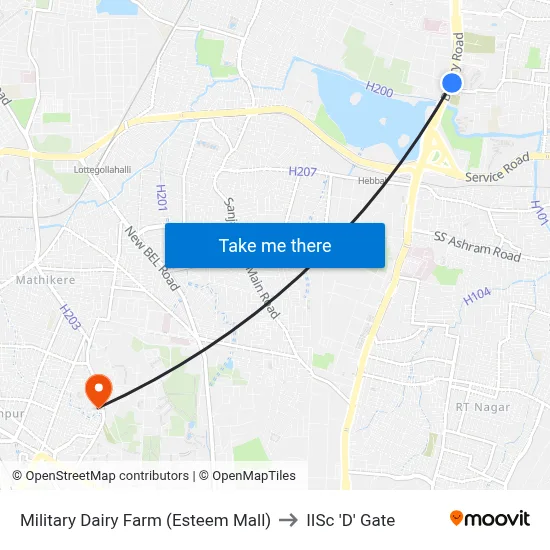 Military Dairy Farm (Esteem Mall) to IISc 'D' Gate map