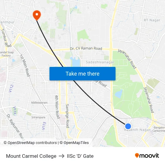 Mount Carmel College to IISc 'D' Gate map