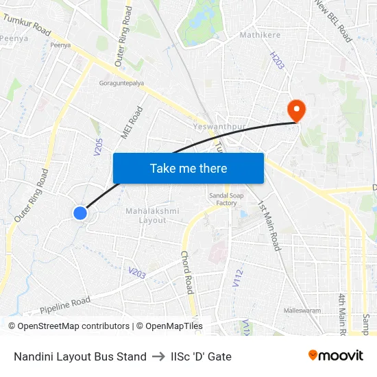 Nandini Layout Bus Stand to IISc 'D' Gate map