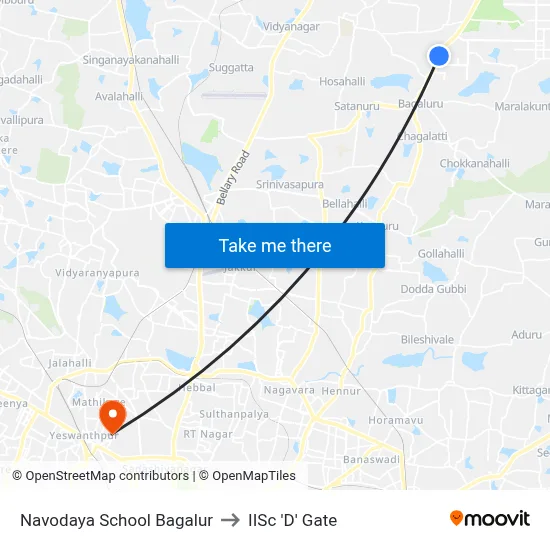 Navodaya School Bagalur to IISc 'D' Gate map
